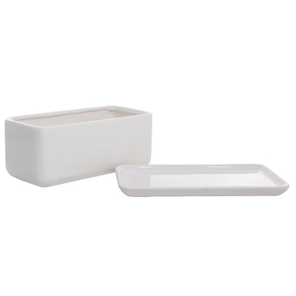 MyGift 10 Inch Modern Unglazed White Ceramic Indoor Plant Pot with Drainage Hole, Rectangular Succulent Planter Window Box with Removable Saucer, 2 Pack