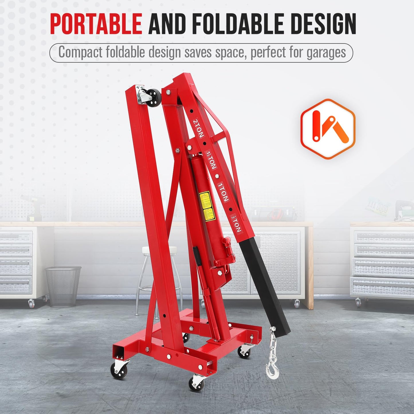 GarveeLife 2-Ton Folding Hydraulic Engine Hoist, Shop Crane with Telescopic Boom & 6 Casters, 4400 Lbs Foldable Cherry Picker Lift for Home Garage, Workshop, Warehouse, Heavy-Duty, Red