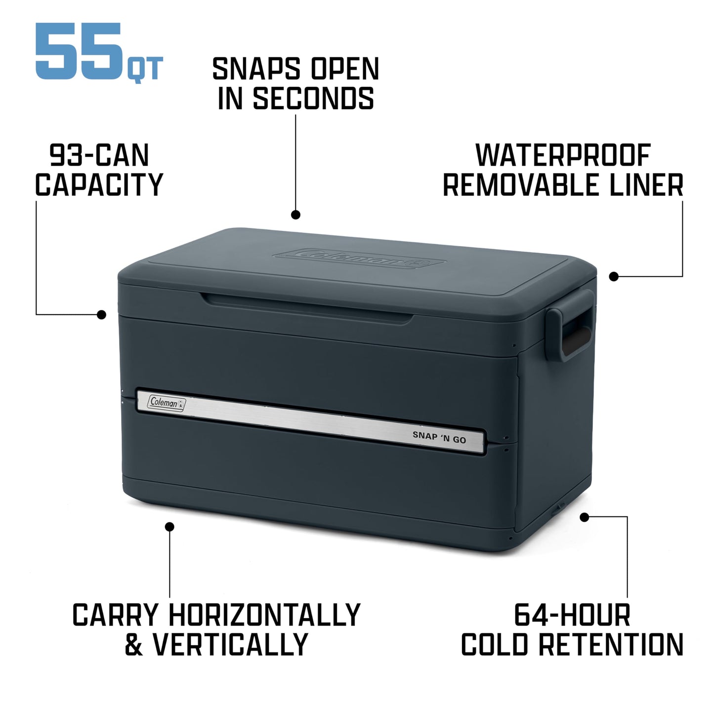 Coleman Snap 'N Go 55-Quart Collapsible Hard Cooler, Portable Hard-Sided Cooler with Waterproof Removable Liner, Space-Saving & Quick Set Up, 64 Hours Cold, Mussel Grey
