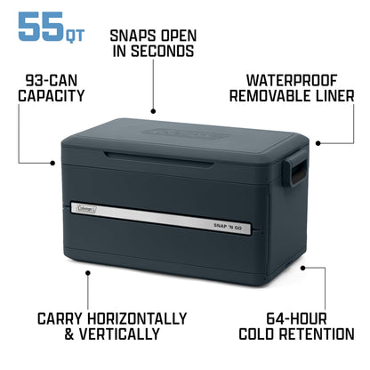 Coleman Snap 'N Go 55-Quart Collapsible Hard Cooler, Portable Hard-Sided Cooler with Waterproof Removable Liner, Space-Saving & Quick Set Up, 64 Hours Cold, Mussel Grey