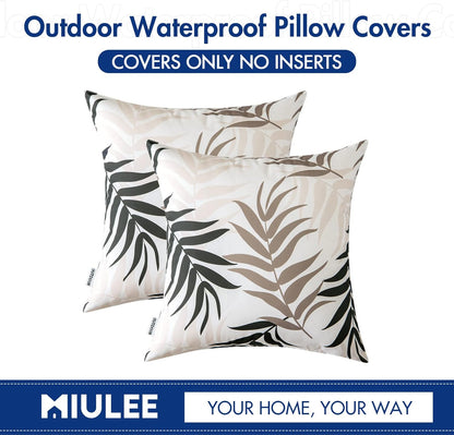 MIULEE Decorative Outdoor Throw Pillow Covers - Waterproof Natural Leaves Pattern | 18x18 Inch, Coffee Brown (Pack of 2)