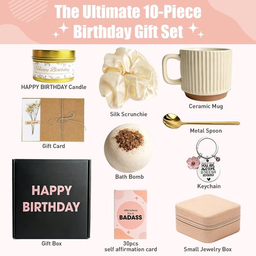 EOECL Happy Birthday Gift Box for Women - Relaxing Spa Basket for Best Friend, Mom, Coworker - Unique Gift Set with Affirmation Cards - Perfect for 18th 30th 40th 50th 60th Birthday