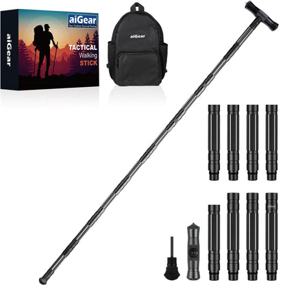 aiGear G2 Tactical Hiking Stick, Heavy-Duty 8 Section Adjustable Walking Staff for Men Women, Aerospace Aluminum Trekking Poles with Multi-Tool for Camping Wading Self Defense Overlanding