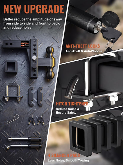 Aquilaplain 2 inch Adjustable Trailer Hitch with 2 Anti-Theft Lock Pins - 6" Rise/Drop, 2'' & 2-5/16'' Ball Hitches 25000 LBS Heavy Duty Towing Ball Mount for RVs, Campers, Boat Trailers