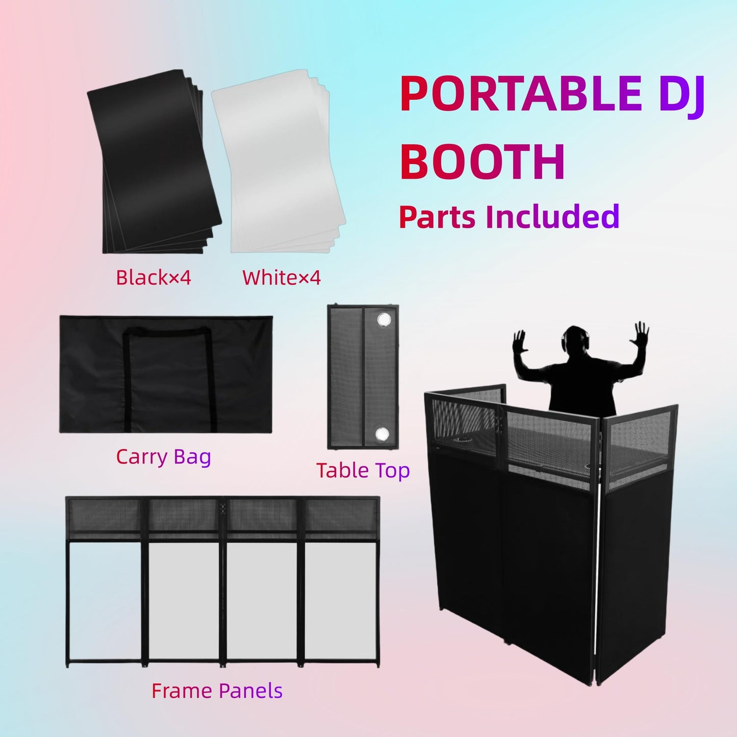 COZONY Portable DJ Facade Booth, 40"L x 20"W x 43.2"H, Black Metal Frame DJ Table with Adjustable Feet