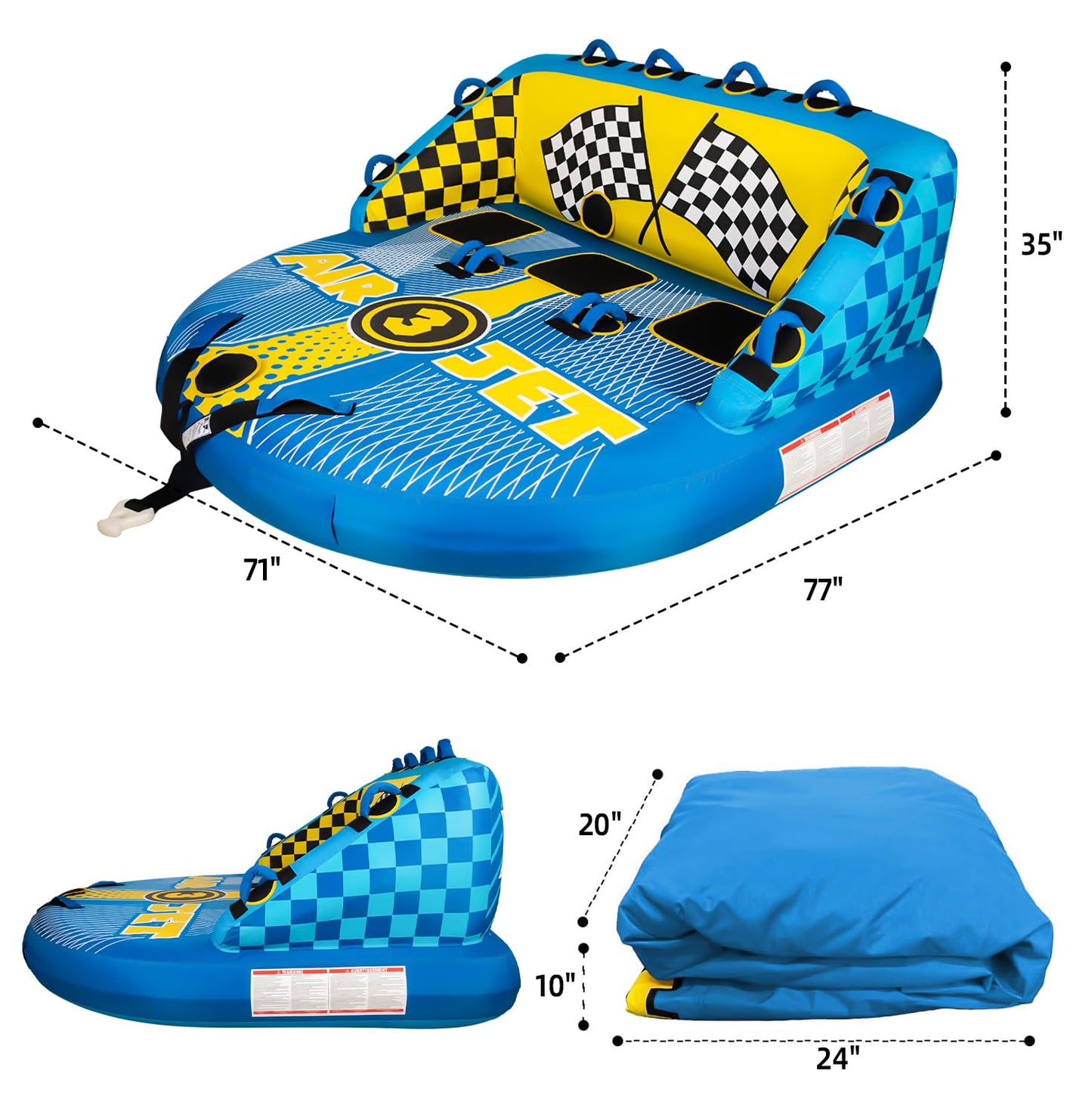 KMJETNIVY Towable Tubes for Boating Person,Pull Tube, Super Sofa Tubes for Boats,Inflatable Boat Tube,Front&Back Tow Points w/Heavy-Duty Thick Nylon Cover for Water Sports (3)