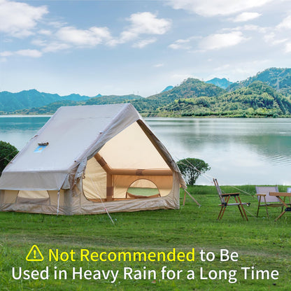 WaldZimmer 6sq Beige Inflatable Camping Tent with Hand Pump and Stove Jack Waterproof Windproof Outdoor Blow up Tent 3-4 Person Oxford 4 Season Glamping Air Tents Cabin House Easy to Set Up