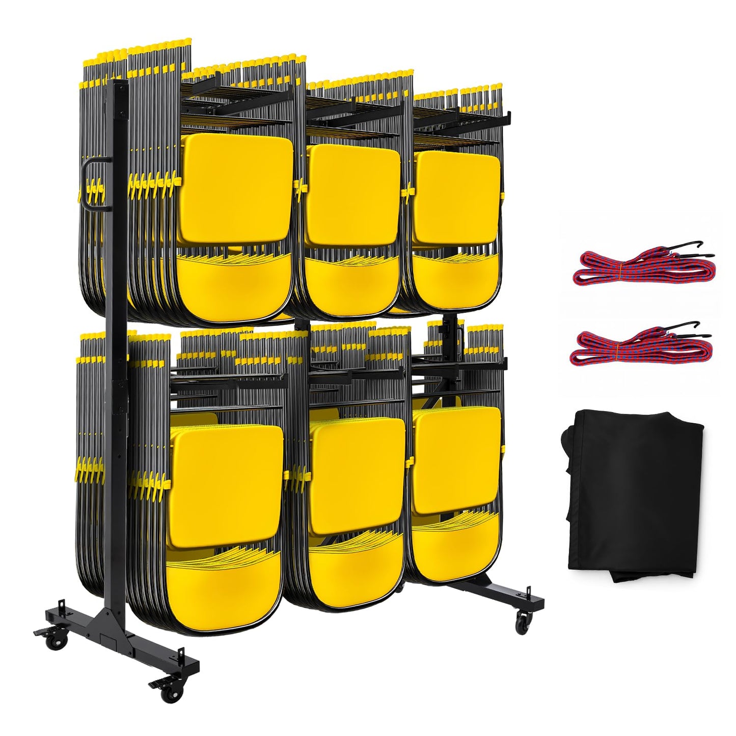 Folding Chair Cart, 2-Tier Heavy Duty Chair Storage Rack with Wheels, Holds 84 Chairs or 42 Chairs + 12 Tables, 1000 lbs Capacity, Locking Casters, Cover & Straps for Events, Church, School