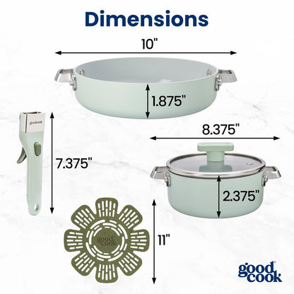 GoodCook Ceramic Cookware Set 5-Piece with Removable Handle, Induction Compatible, Nonstick and Oven Safe with 8-Inch Frypan, Sage Green