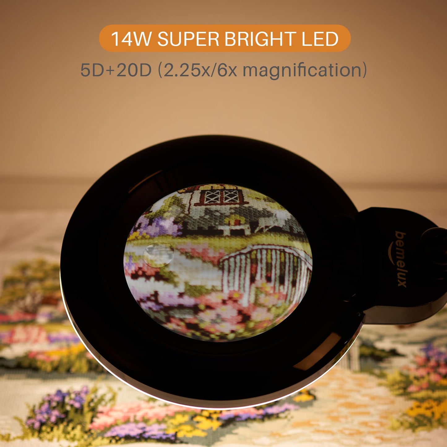 bemelux Bifocals Magnifying Desk Lamp with Clamp, 5 Diopter with 20 Diopter, 6 Inch Detachable Lens and 120PCS LEDs, 3 Color Modes 1200 Lumens Swivel Arm Magnifying Lamp with Light for Crafts (Black)