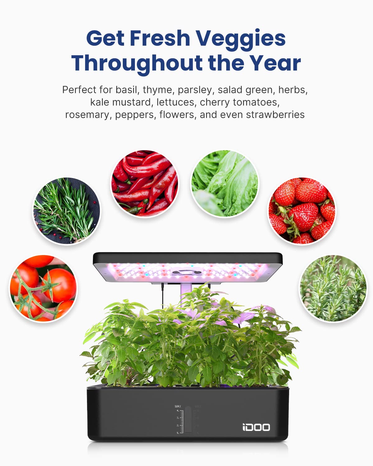 iDOO Hydroponics Growing System Kit 12Pods, Indoor Herb Garden System, with LED Grow Light, Built-in Fan, Auto-Timer, Adjustable Height Up to 11.3", for Home School, for Women