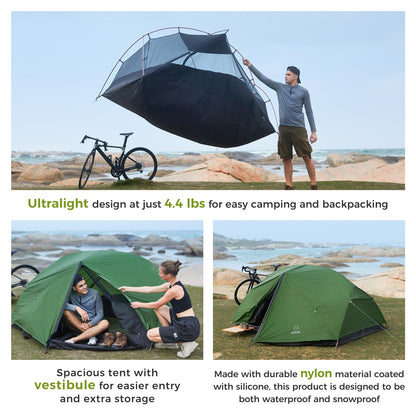 ATEPA Voyage 2 Person Backpacking Tent, 4 Season Camping Tent Two Person, 4000mm Waterproof 20D Nylon Rainfly & Aluminum Frame for Backpacking Hiking Outdoor Car Camping Motorcycle Cycling, Green