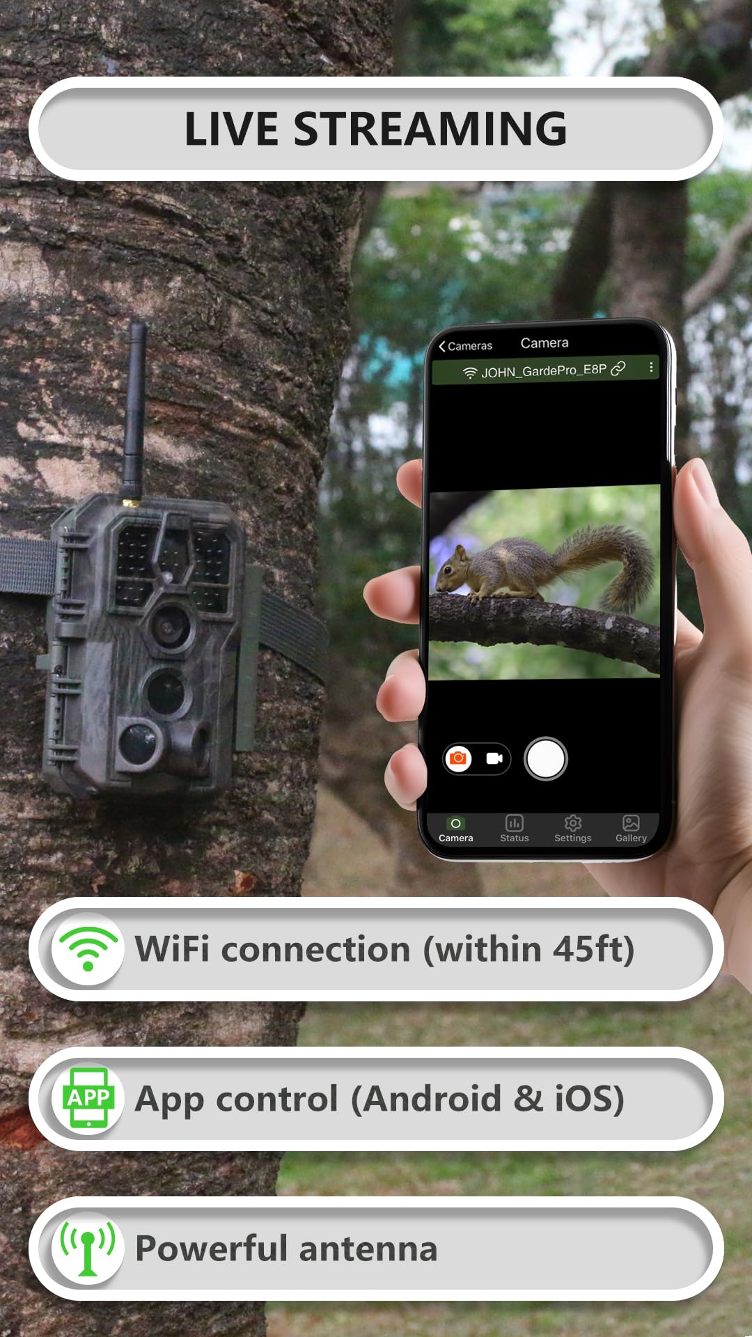 GardePro E8P WiFi Trail Camera Bundle (Non-Cellular), External WiFi Antenna, 8000mAh Rechargeable Battery, On-Site App Viewing, No-Glow Night Vision, Motion Activated