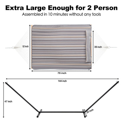 GAFETE 2 Person Hammock with Stand for Outside, 52inch Double Cotton Rope Hammock with Polyester Pad, Heavy Duty Steel Stand, Large Removable Pillow, Storage Bags, Max 475 lbs Capacity (Dove with Pad)
