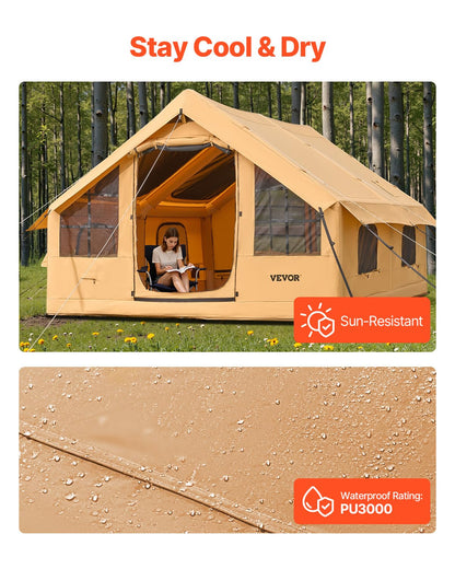 VEVOR Inflatable Tents for Camping, 5-8 Person Easy Setup Blow up Tent with Hand Pump, Luxury Glamping Tent with 2 Skylights, Canopy, Stove Jack 2 Doors & Mesh Windows (Storage Bag Included)