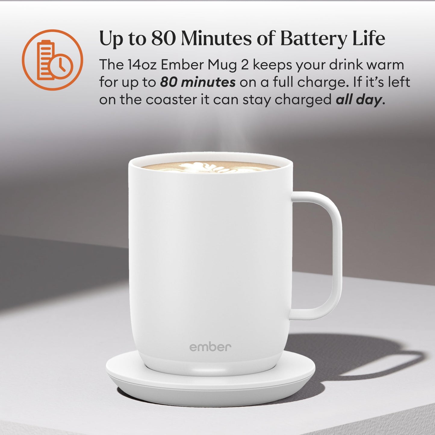 Ember Temperature Control Smart Mug 2, 14 Oz, App-Controlled Heated Coffee Mug with 80 Min Battery Life and Improved Design, White