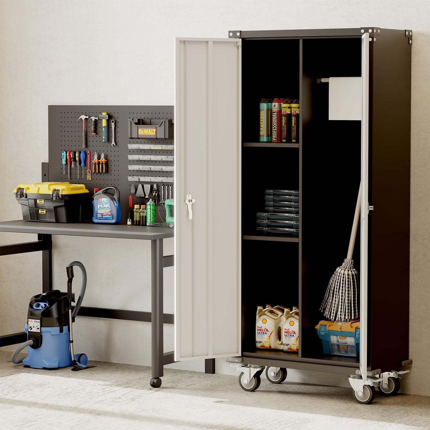 ActiveTrail Metal Storage Cabinet with Lock-71 Tall Tool Organizer Steel Lockers w/Hanging Rod Metal Wardrobe Cabinet on Wheels for Home, Office, Warehouse, Garage