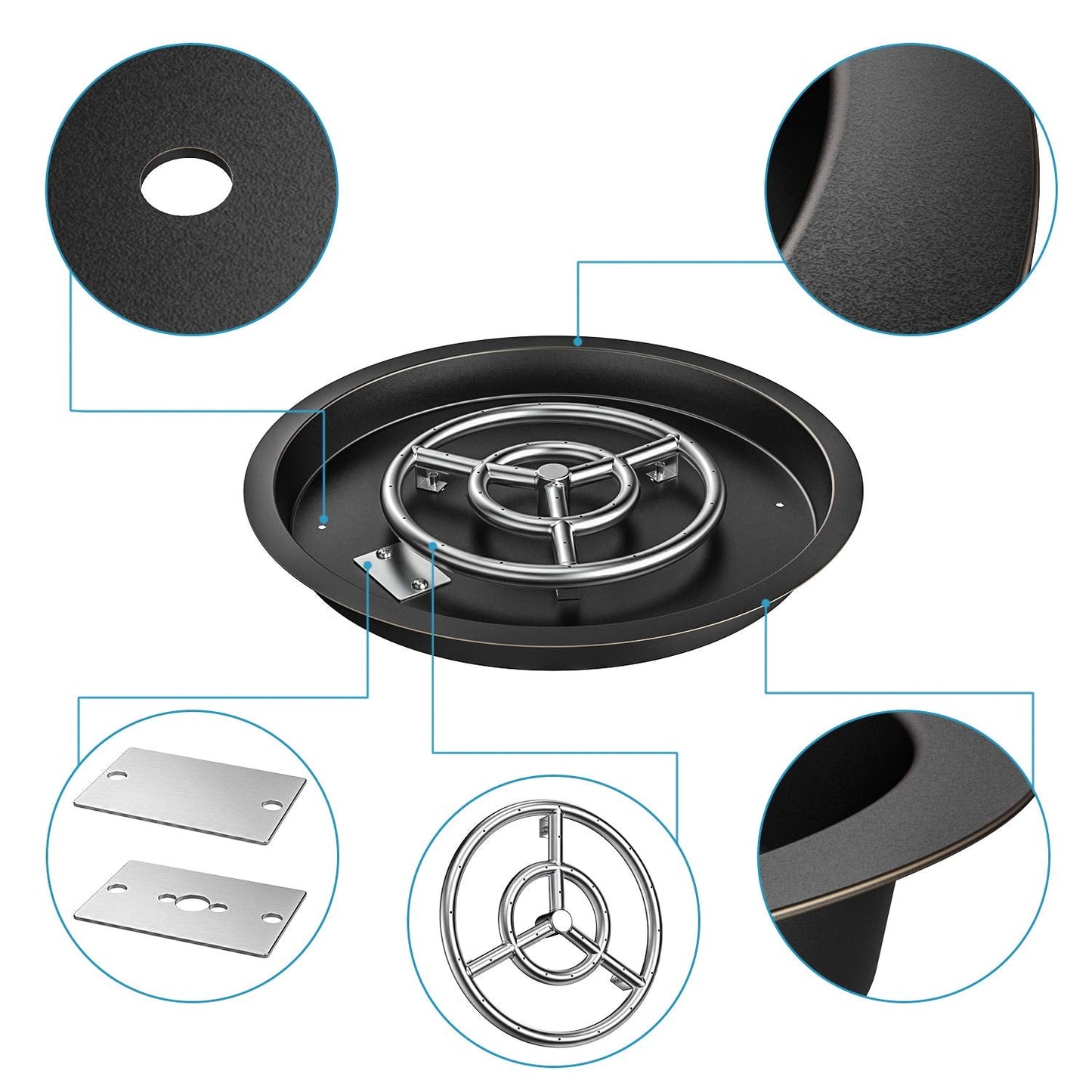 Skyflame Round Fire Pit Burner Pan Fire Bowl with Burner Ring - Drop-in Style - Made of Stainless Steel - 19 inch