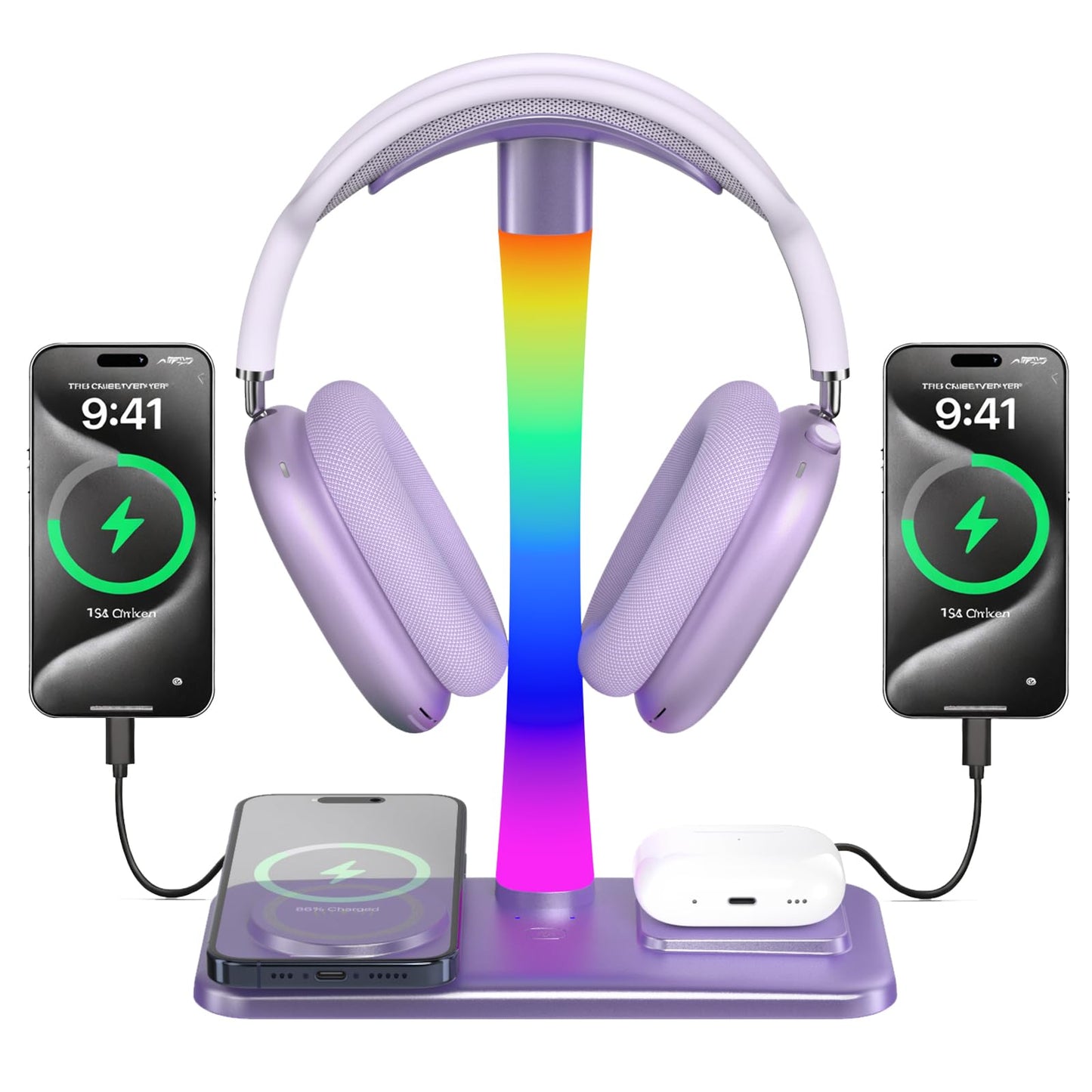 Headphone Stand with Wireless Charger,Gaming Headset stand with RGB Light,For Airpod Max Stand Compatible with Airpod Pro/3/2,For iPhone 17/16/15/14/13/12/11,Gifts for Gamers & Music Lover (Purple)