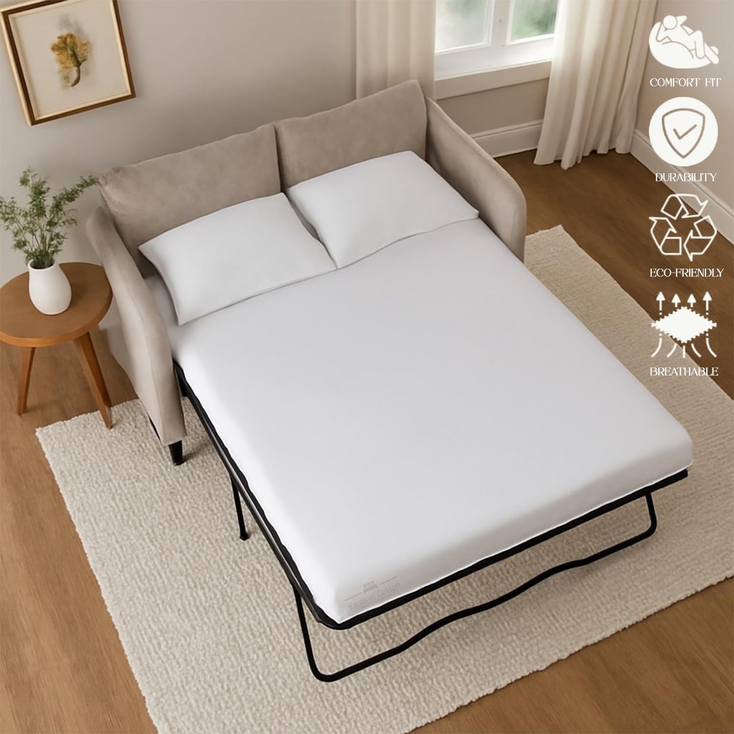 Sleeper Sofa 4 Piece Bed Sheet Set Premium Quality 100% Cotton 500 Thread Count, Smooth & Super Soft Sateen Weave, Extra Soft Bed Sheets, Wrinkle Free, 6 Inch Deep Pocket (Queen, White)