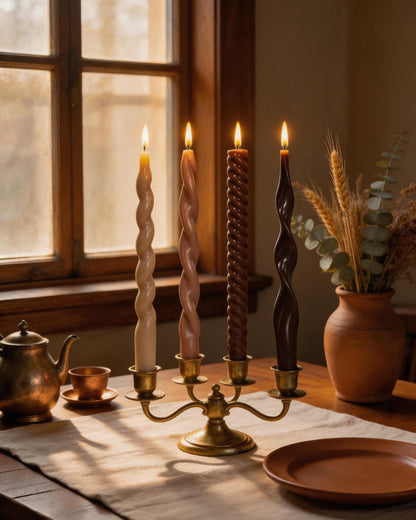 Spiral Taper Candles Brown Candlesticks Unscented Smokeless Tall Candles for Fall Decor Holiday Dinner Party Christmas Decorations-10inch,4pcs