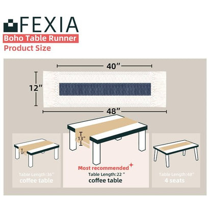 FEXIA Boho Table Decor 48 Inch Cream & Blue Macrame Runner with Tassels for Boho Dining & Bedroom Decor Rustic Bridal Shower (12x48 Inches)