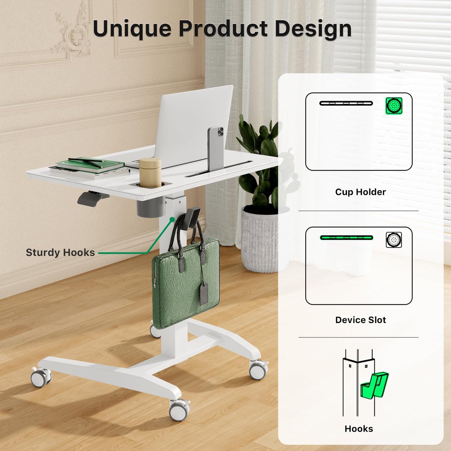 Gibbon Mounts Glass Mobile Standing Desk, Height Adjustable Rolling Laptop Table, 27 inches Portable Sit Stand Desk with Wheels and Hook, Pneumatic Computer Workstation, White