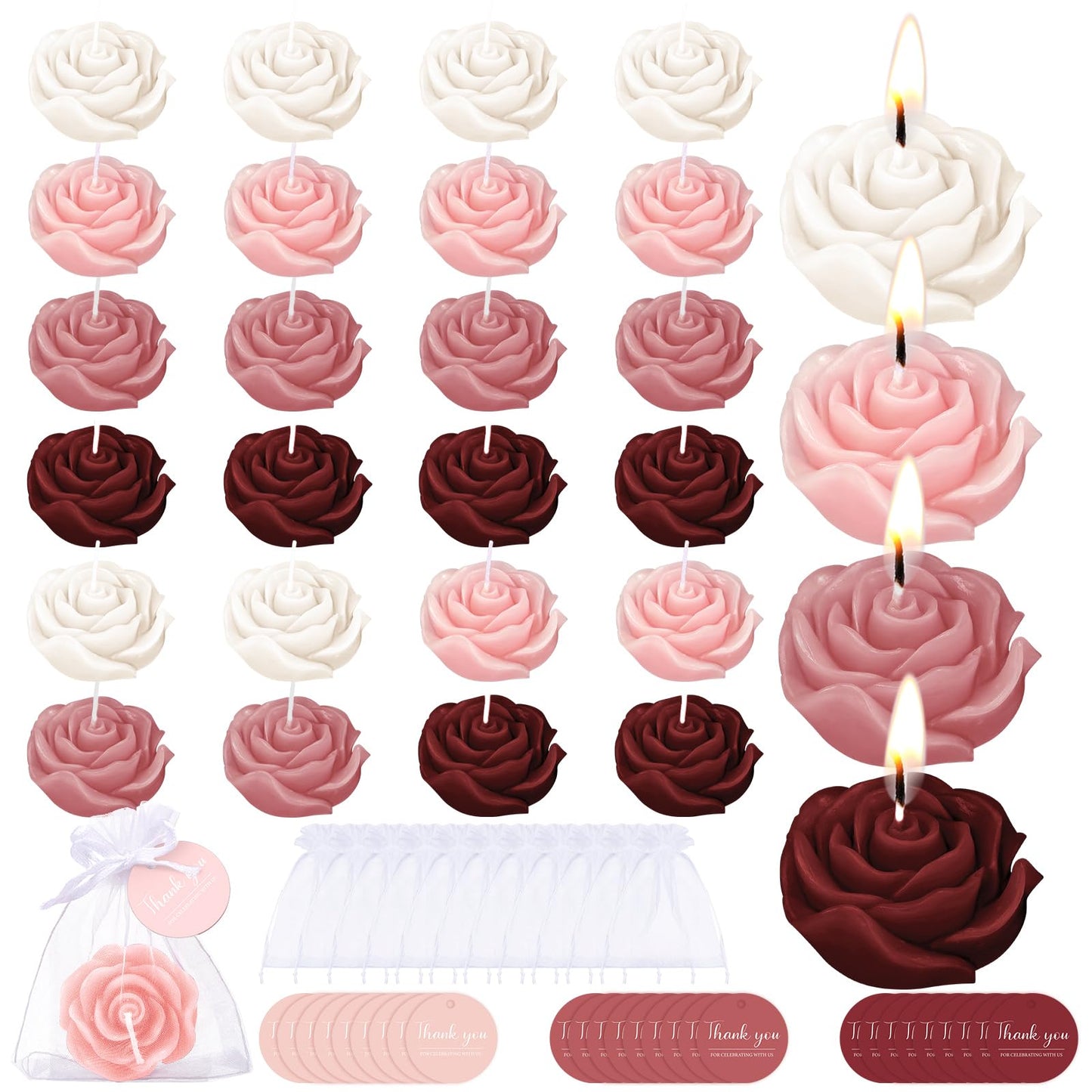Treela 24 Setflower Candles Wedding Favor for Guests Mini Burgundy Rose Shaped Tealight Candles for Return Gift Wedding Birthday Bridal Shower Housewarming Party