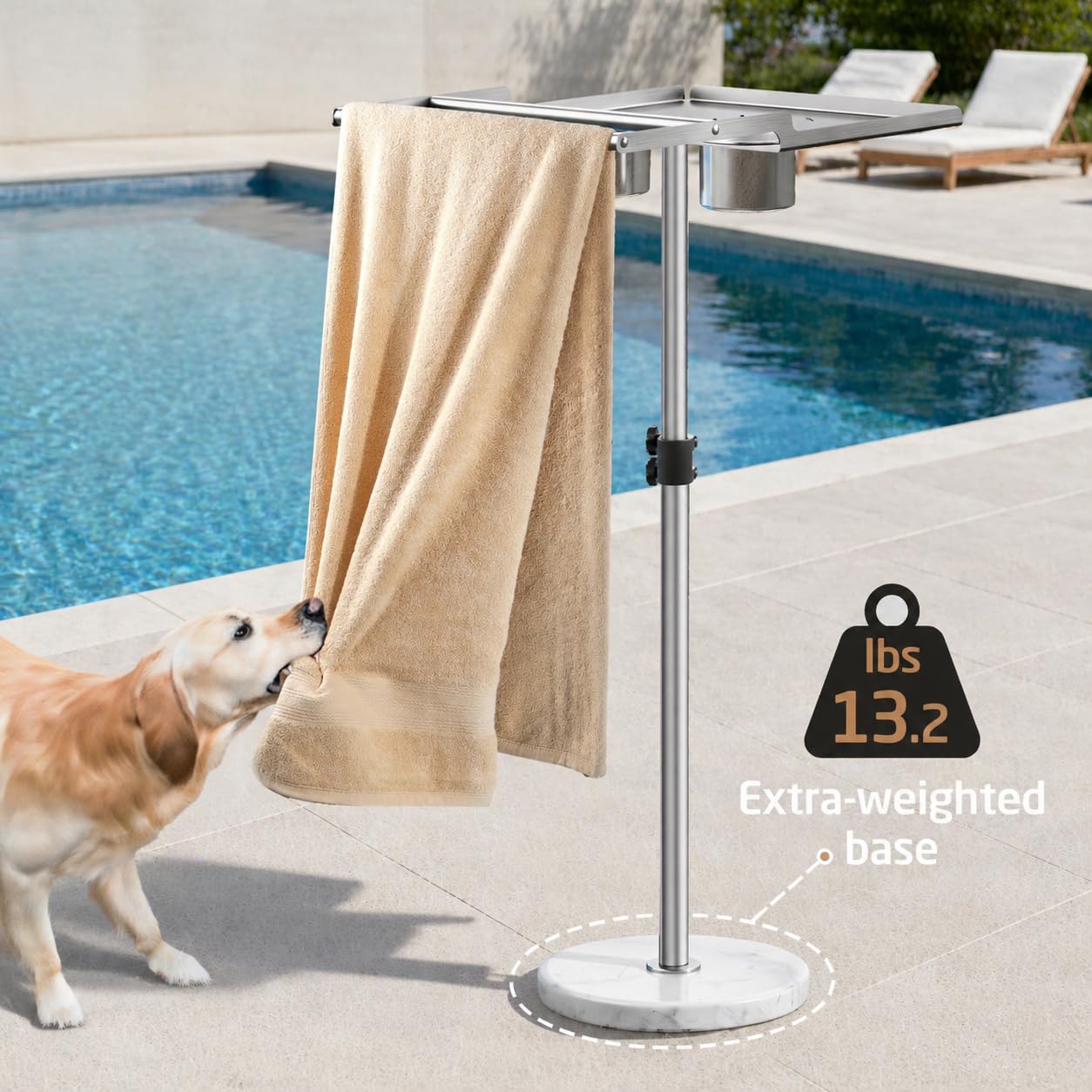 KES Adjustable Height Outdoor Towel Rack for Pool with Weighted Marble Base, 360° Swivel Hot Tub Towel Rack with Hot Tub Table & Drink Holders, 18/8 Stainless Steel, Fit Above Ground Pool, OTR201-2