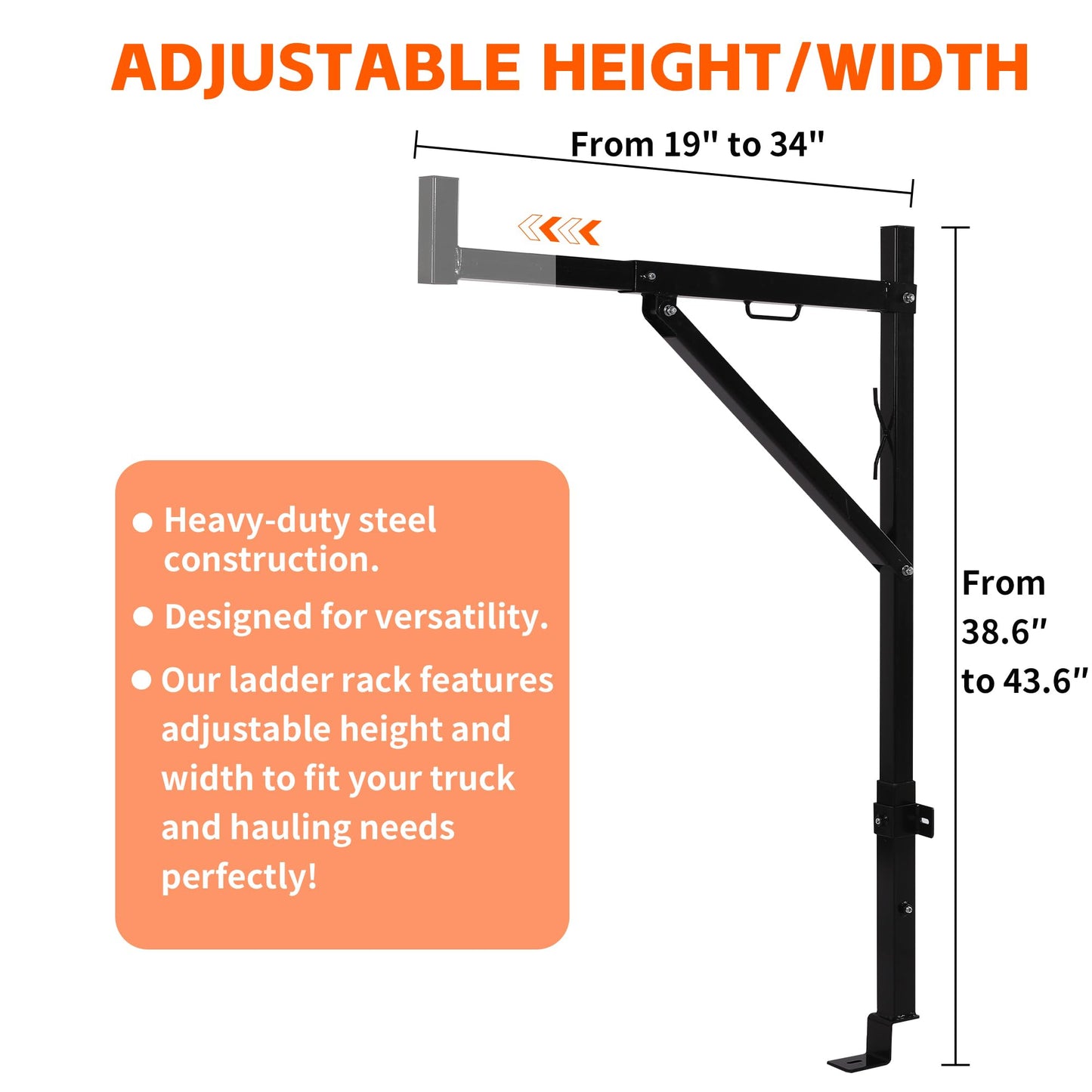 MAXXHAUL Heavy Duty Truck Ladder Rack - Side Mount Alloy Steel, Adjustable 19-34 Inch Arms, 250 lb Capacity, Powder Coat Finish (70233)