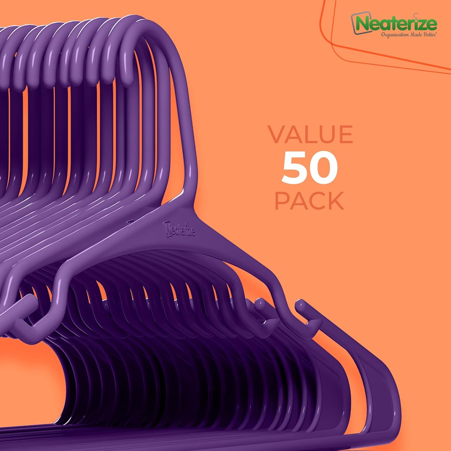Neaterize Plastic Clothes Hangers - 50 Pack Space-Saving Adult Coat Hangers | Purple Color