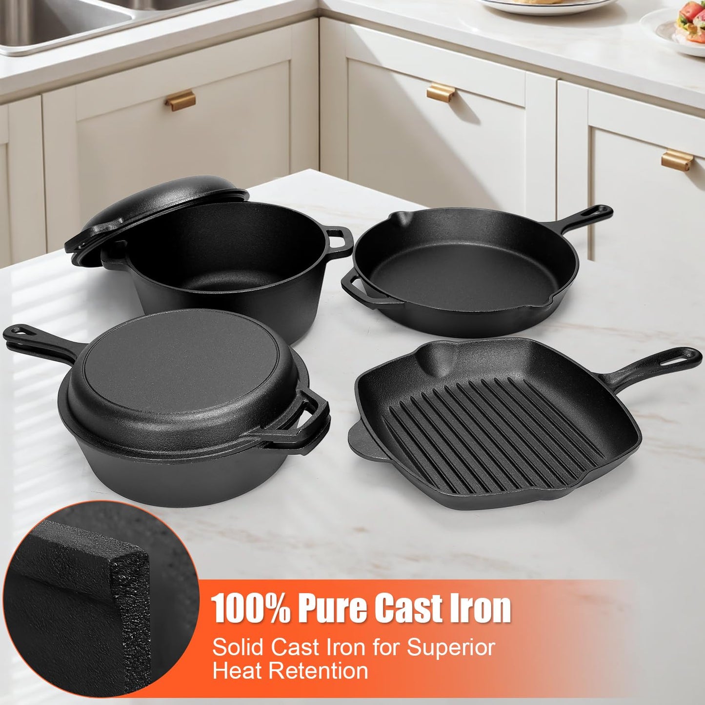 QuliMetal Seasoned Cast Iron Cookware Set, 5-Piece Bundle – 11" Grill Pan, 12" Skillet, 5QT Dutch Oven, 3.2QT Dutch Oven with 1.6QT Skillet Lid, Pre-Seasoned Cast Iron Pots and Pans for Home Cooking
