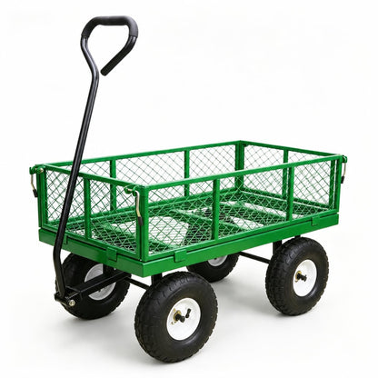 A A IN 600 lbs Heavy Duty Metal Garden Cart, Pull able Yard Wagon with Removable Mesh Sides, 180° Rotating Handle & 10" Wheels, Green