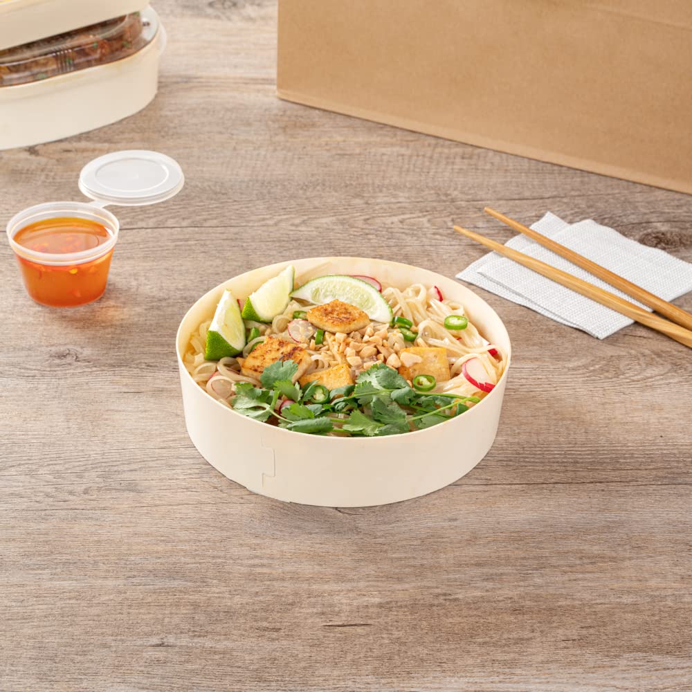 Restaurantware Taipei 33 Ounce Food Containers 100 Round Wooden Bento Boxes - Lids Sold Separately Grease Impermeable Poplar To Go Boxes Disposable Serve Noodles Dumplings And More