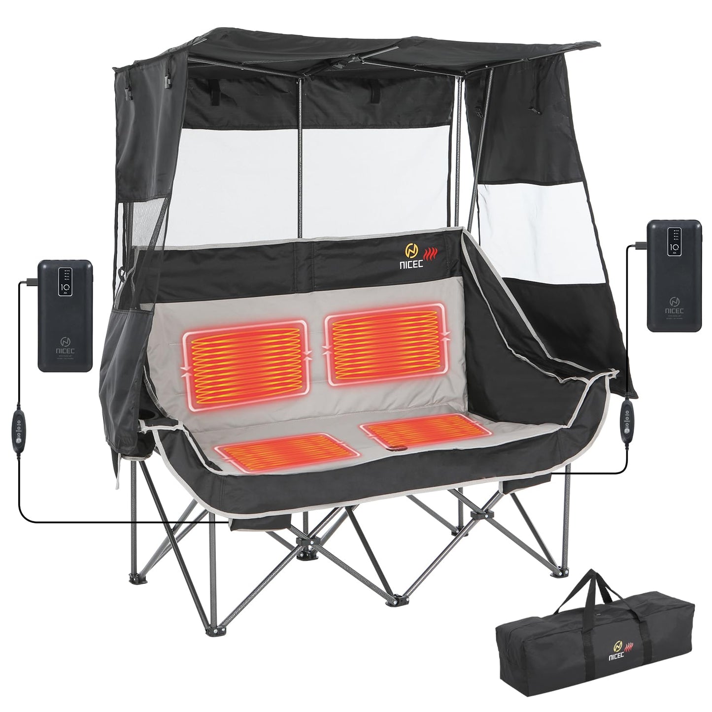 Nice C Heated Double Camping Chair with Canopy, Heated Outdoor Sports Folding Bench with Battery, Portable Padded Umbrella Chairs, Couch with Shade, Cup Holder, Cooler Bag, Loveseat For Lawn, Outdoors