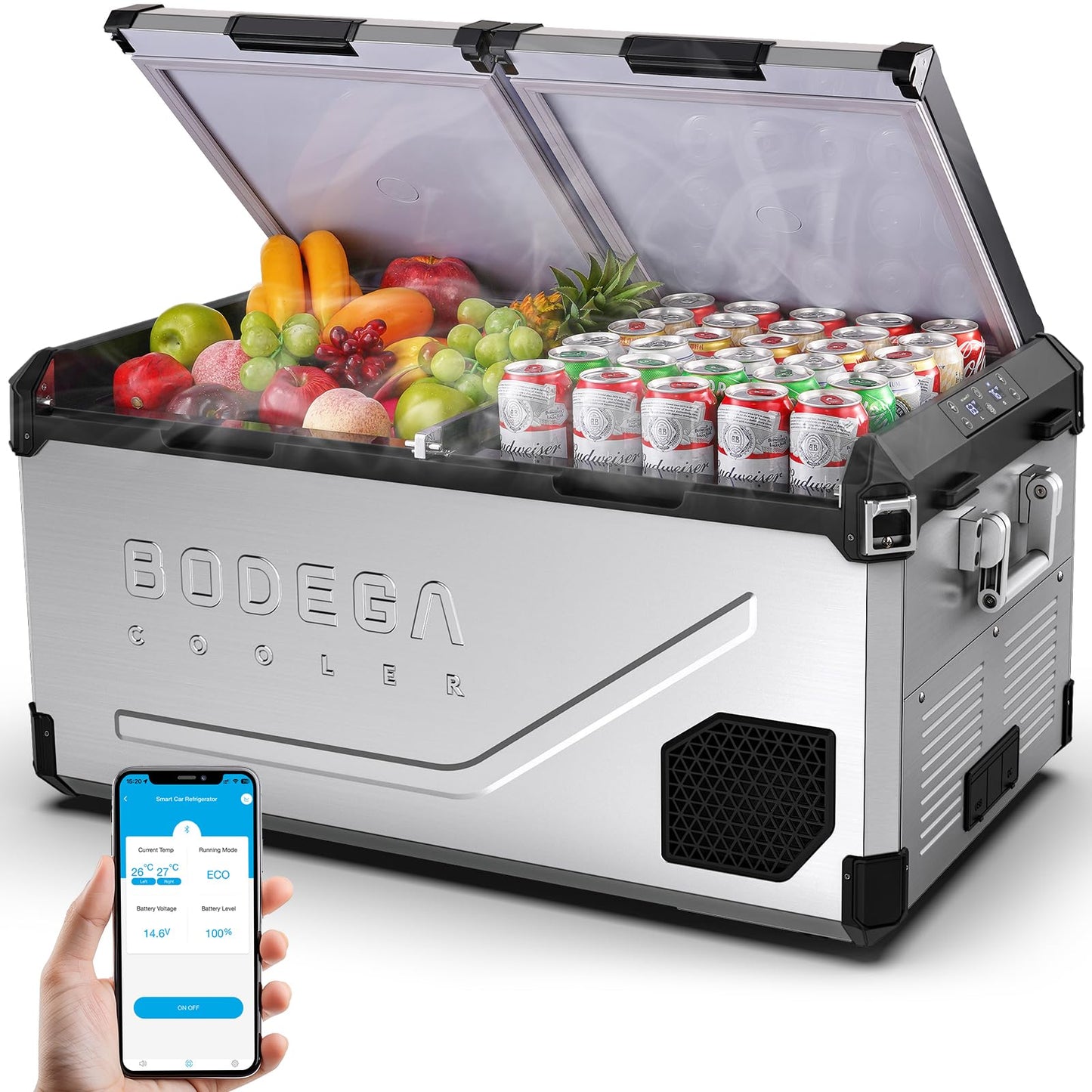 BODEGA 12 Volt Car Refrigerator, 100Quart (95L) Dual Zone Car Fridge APP Control, Portable Freezer, -4℉-68℉ RV Electric Cooler 12/24V DC &100-240V AC for Outdoor, Camping, Travel