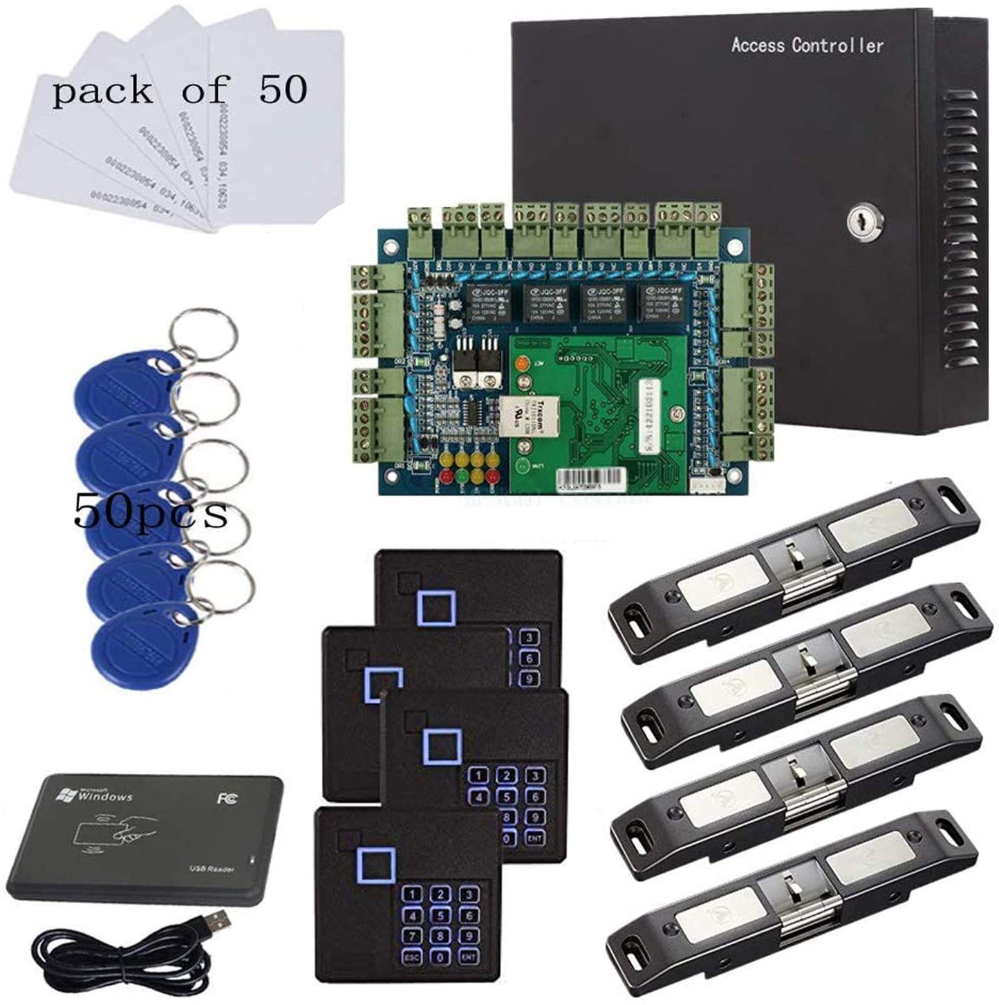 MENGQI-CONTROL TCP/IP Network 4 Door Smart Access Control Panel System Electric Strike Lock for Push Panic Bar Device Emergency Door, RFID Keypad Reader Enroll USB Reader 110V Power Supply Box