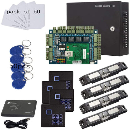 MENGQI-CONTROL TCP/IP Network 4 Door Smart Access Control Panel System Electric Strike Lock for Push Panic Bar Device Emergency Door, RFID Keypad Reader Enroll USB Reader 110V Power Supply Box