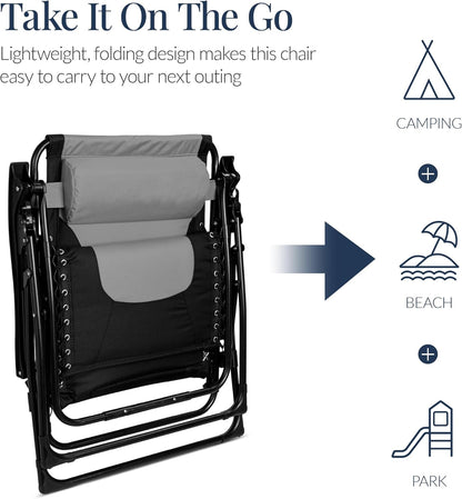 Best Choice Products Oversized Padded Zero Gravity Chair - XL Outdoor Recliner with Headrest, Cup Holder & Side Tray - Gray