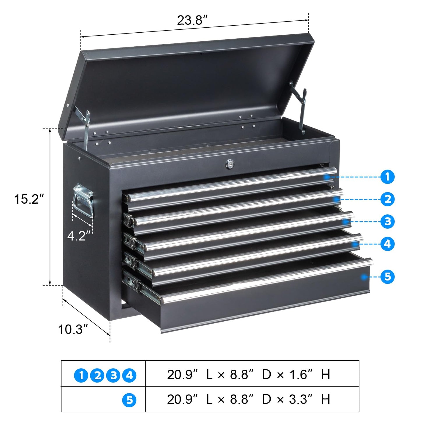 Winado 24" Portable Metal Tool Box, 5 Drawers Toolbox with Top Storage Tray, Carry Handle, Ball Bearing Runners, Lockable Tool Chest Cabinet for Garage, Warehouse, Repair Shop & Home, Black