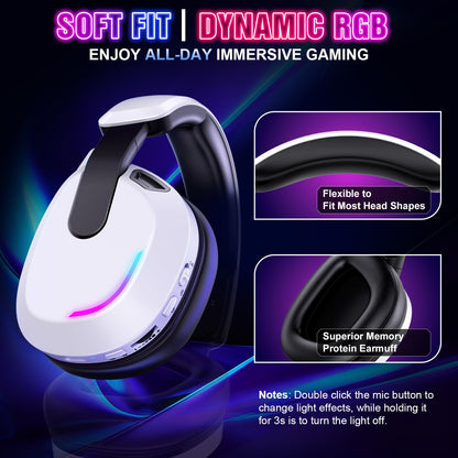 YPBDAN Wireless Gaming Headset for PS5 PS4 PC Switch Mac - RGB Over-Ear Headphones with Noise Cancelling Mic, 60H Playtime, 7.1 Surround Sound, Bluetooth 5.4 & Memory Foam Ear Cushions