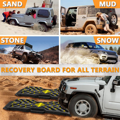 Traction Boards Recovery Boards (Pair) – 42″ × 14″ PA66 Off-Road Tracks with 34 High-Strength Contrasting-Color Spikes, Flip-Shovel & Jack-Base Design, Tow Strap – Sand, Mud, Snow 4×4 SUV ATV Truck