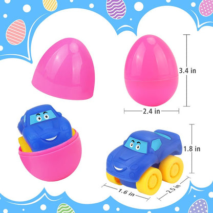 Prefilled Easter Eggs with Toy Cars: 12Pcs Filled Easter Eggs with Soft Rubber Car Toys, Easter Basket Stuffers for Baby Toddlers Kids Bath Toys Vehicles, Easter Eggs Fillers Hunts Party Favors Gifts