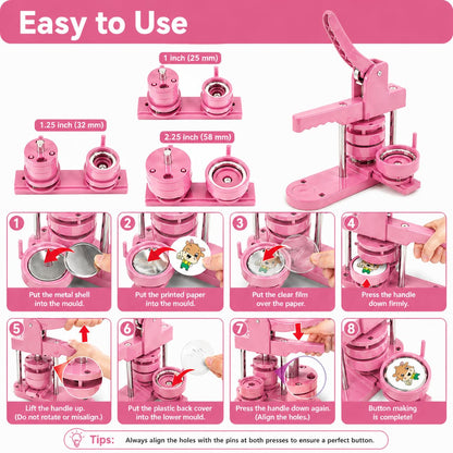 Pin Maker, Button Maker Machine, Pin Maker Machine Kit Includes 300Pcs Pins 25/32/58mm (1/1.25/2.25 inch), 3 Circle Paper Cutters, DIY Button Pin Maker, Button Badge Press Machine(Pink)