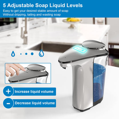PZOTRUF Automatic Soap Dispenser, Touchless Dish Soap Dispenser 17oz/500ml with Infrared Sensor, 5 Adjustable Soap Levels, Liquid Dispenser for Bathroom Kitchen (Silver)