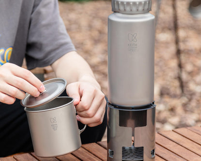 Keith Titanium Ti3070 Nesting Camp Set - Ultralight Plastic-Free Titanium Bottle, Mug & Wood Stove with Canvas Carry Bag - Durable, Portable, and Eco-Friendly for Camping, Hiking & Outdoor Adventures