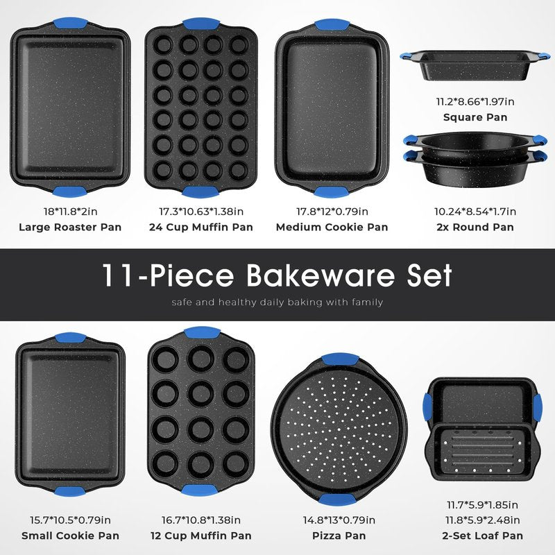 11-Piece Professional Stackable Baking Set, Oven-Safe Nonstick Cookware with Cool-Touch Handles - Features Cookie Sheet, Cake Pan, Muffin Tin, Pizza Stone & Bread Loaf Pan, Black&Blue