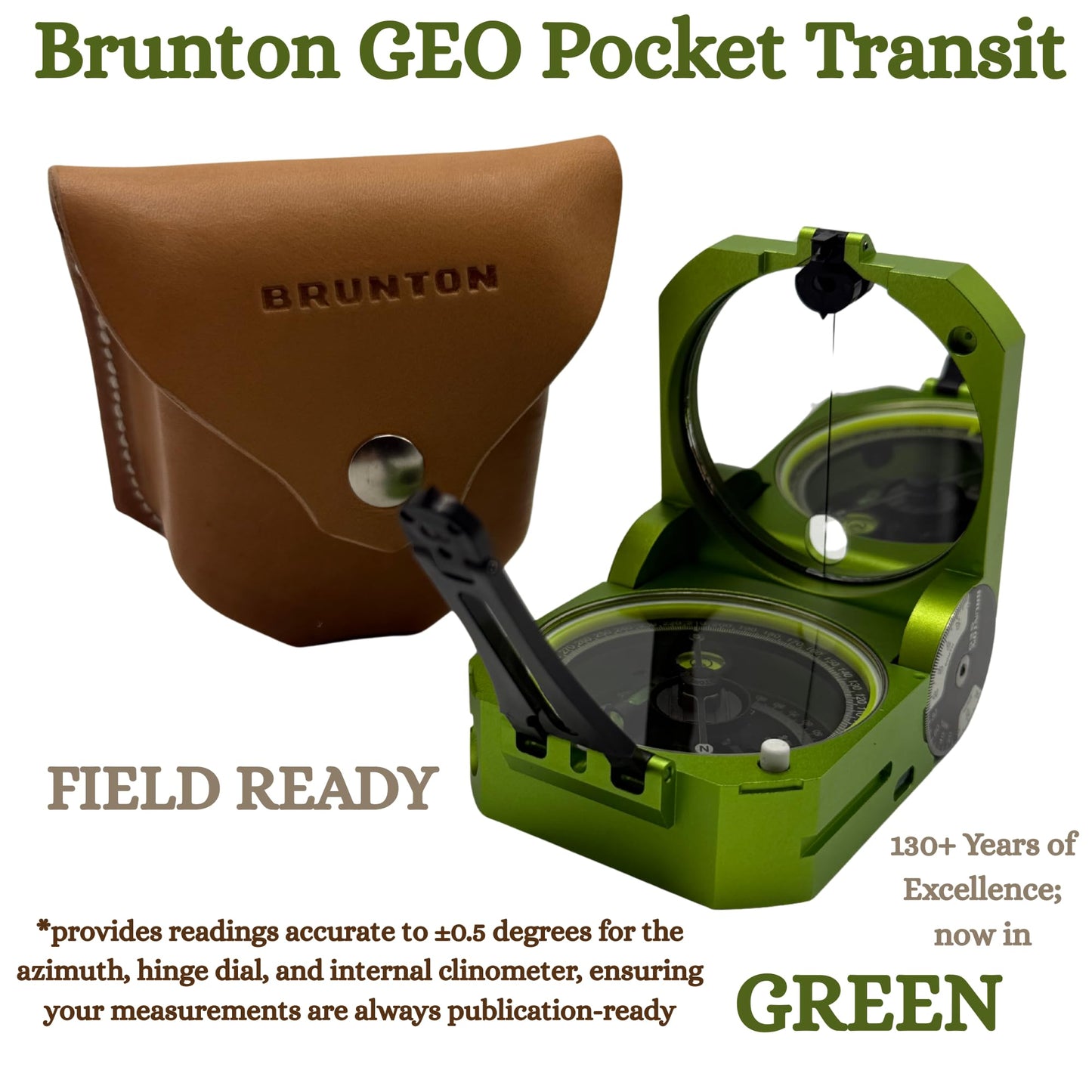 Brunton GEO Pocket Transit, Green - Professional Geologist Compass with Clinometer for Strike and Dip, Induction Damped Needle, and Sapphire Jewel Bearing, Made in USA