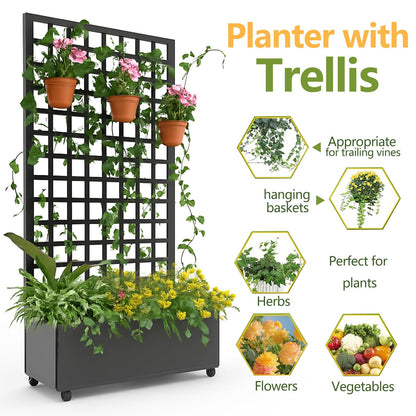OUTLANE Metal Planter Box, 72"x35" with Square Lattice Trellis Planter Box, Galvanized Raised Garden Bed on Wheels, Garden Bed with Trellis, for Climbing Plants & Vines, Black