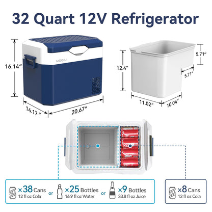 Megiu Car Refrigerator Portable 12V Fridge 32 Quart 12 Volt Freezer Compressor Cooler 12V/24V DC 110～240 V AC for Truck Van RV Camper SUV and Home Use